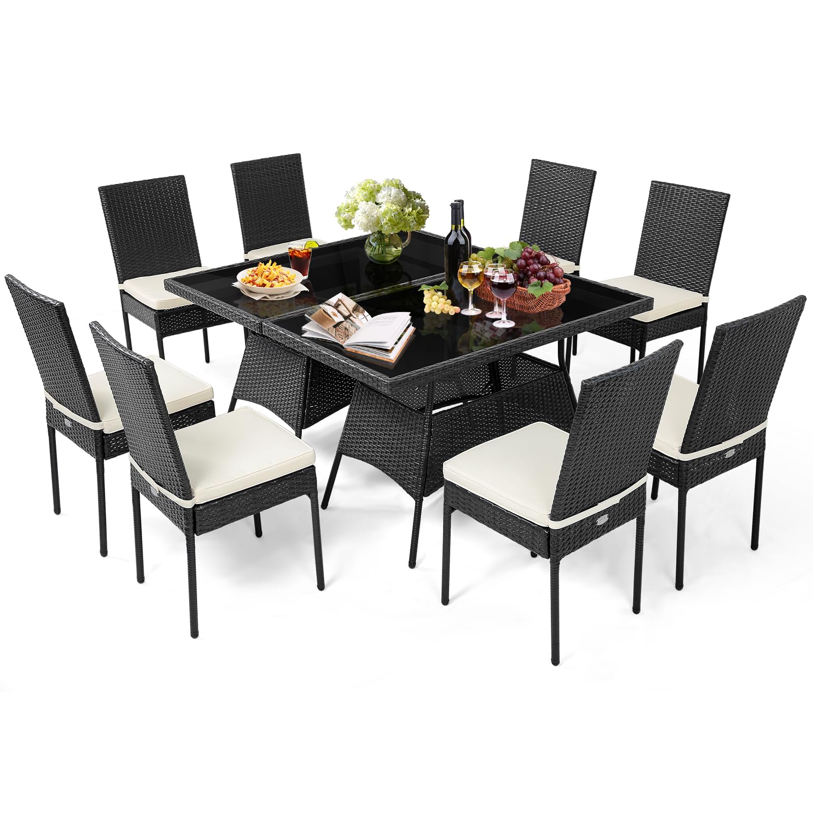 Tangkula Ensemble de salle à manger de jardin en osier 10 pièces, table et chaises en rotin d'extérieur avec coussins rembourrés